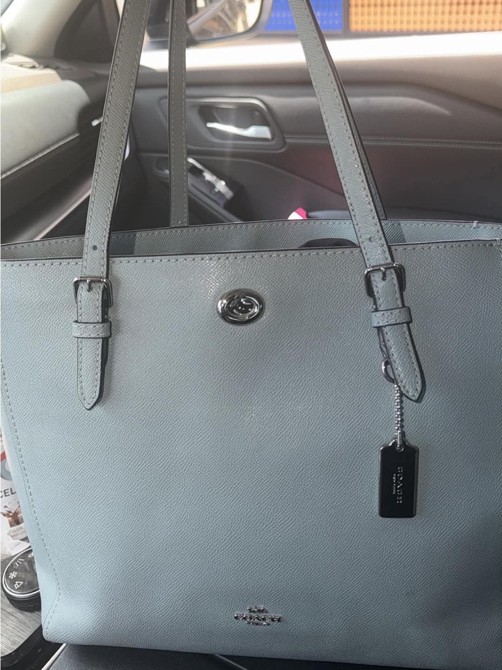 Coach Light Blue Leather Tote with Logo Tag - Picture 1 of 2